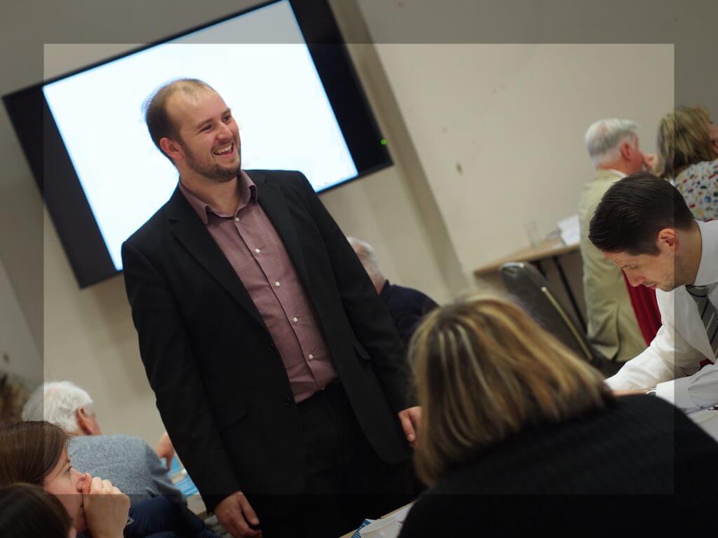 David delivering a training session to a room of arts fundraisers