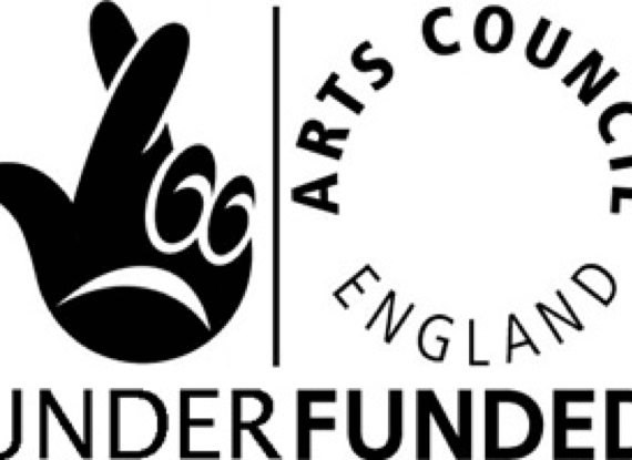 A parody of the National Lottery and Arts Council England logo. The words "Lottery Funded" have been replaced with "Under Funded"