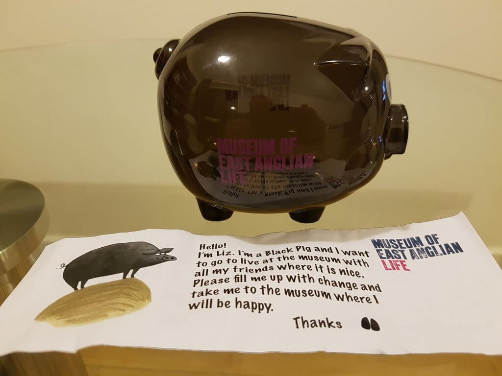 A black plastic piggy bank with the Museum of East Anglian Life logo on the side. A note explains that the pig is called Liz and it is raising money for the museum