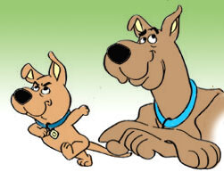 Cartoon dogs Scrappy and Scooby Doo. Scooby Doo is holding Scrappy Doo's tail to hold him back