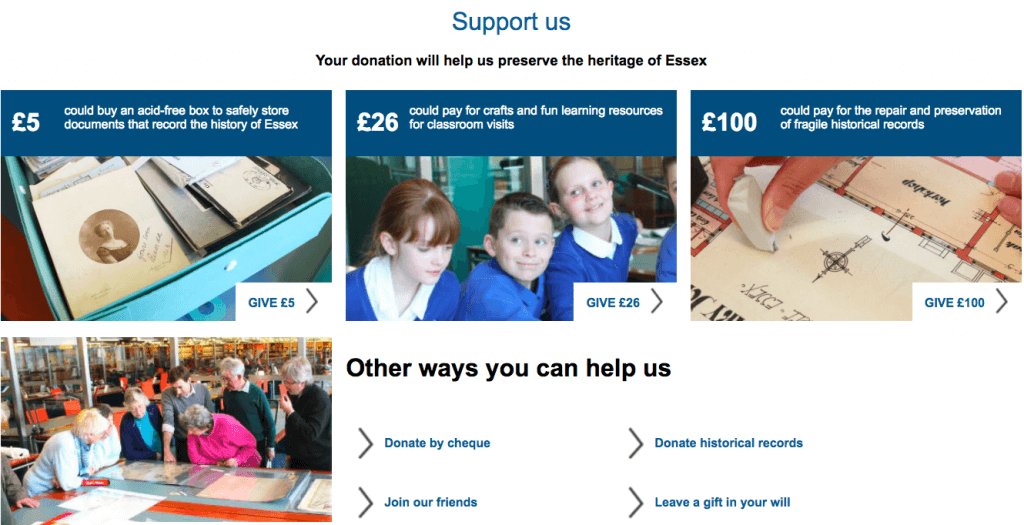 The Support Us page from Essex Record Office's website. There are three suggested donation amounts, showing clearly what impact this would have for the organisation